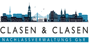 Clasen & Clasen Nachlassverwaltung Logo, schwarzeblaue Skyline von Hamburg und Firmenname