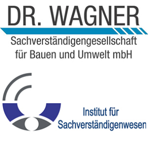 Dr. Wagner Sachverständigengesellschaft für Bauen und Umwelt mbH Logo, schwarze und blaue Schrift auf weißem Untergrund
