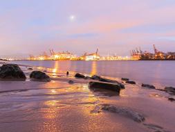 Blick vom Elbstrand auf den Hamburger Containerhafen- Abendstimmung
