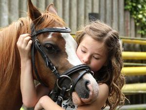 Ein Mädchen umarmt den Kopf von einem Pferd