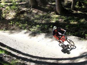 Eine Person fährt mit dem Mountainbike auf einem unebenen Weg durch den Wald