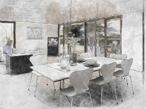 Eine Skizze eines Wohnzimmers mit Esstisch