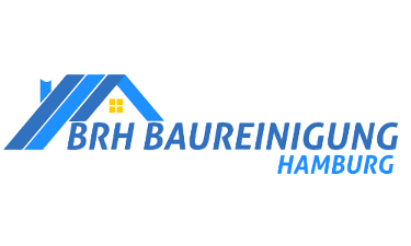 Blau/Hellblaues Logo in Form eines Dachs mit gelbem Akzent als Fenster und dem Schriftzug BRH Baureinigung Hamburg