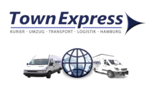 Schriftzug TownExpress in blau, darunter zwei Lieferwagen mit Globus 
