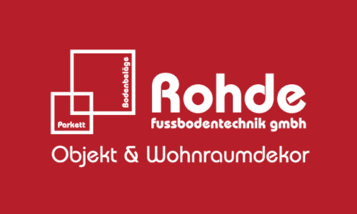 Zwei weiße Quadrate und weißer Schriftzug mit Firmenname und Leistungen auf rotem Hintergrund