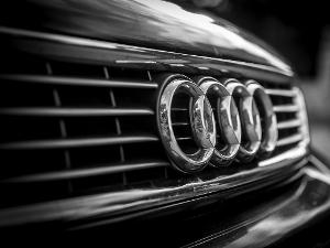 Das Audizeichen (vier Ringe) auf einem Kühler, vorne am Auto