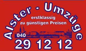Weiß/Blauer Schriftzug mit Firmenname, Telefonnummer und Hamburger Skyline auf rotem Grund