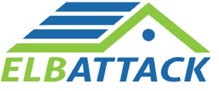 Grün/Blaues Logo in Form eines Hausdachs mit dem Schriftzug ELBATTACK auf weißem Hintergrund