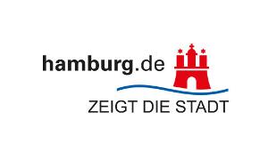 Schwarzer Firmenschriftzug mit Hammaburg Icon in rot und Claim