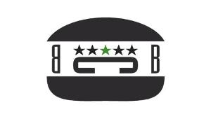 Angedeuteter Burger in schwarze in dessen Mitte die Buchstaben BCB und fünf Sterne zu sehen sind 