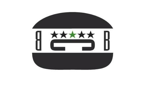 Angedeuteter Burger in schwarze in dessen Mitte die Buchstaben BCB und fünf Sterne zu sehen sind 