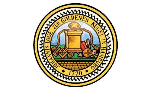 Kreisförmiges goldenes Logo mit Logenname und Freimaurersymbolen in der Mitte