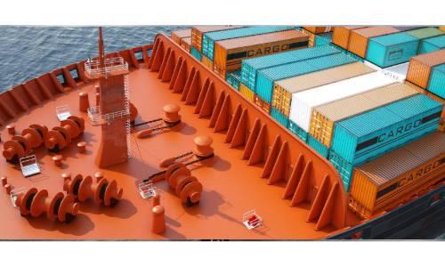 Oranges Containerschiff mit türkis, orange und weißen Containern