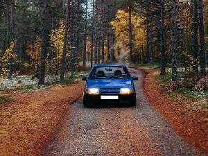 Ein blaues Auto steht auf einem Waldweg und hat die Scheinwerfer an