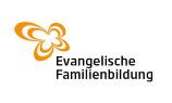 Evangelische Familienbildung Logo, schwarze Schrift, orangefarbener Schmetterling