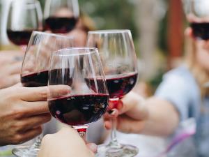 Menschen stoßen mit Rotwein gefüllten Gläsern an