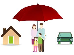 Grafik von einem Haus, daneben ein Mann, eine Frau und zwei Kinder unter einem Regenschirm und daneben ein Auto