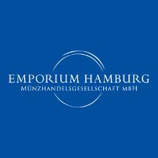 Emporium Hamburg Münzhandelsgesellschaft mbH Logo, Weiße Schrift auf blauem Untergrund