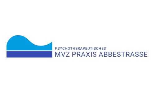 Logo Psychotherapeutische Praxis Abbestrasse mit blauem Schriftzug, blauem Balken und hellblauer Welle