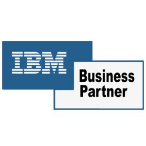 IBM Businesspartner Logo Blaue Rechtecke, in dem einen steht IBM in weißer Schrift, in dem anderen Business Partner in schwarzer Schrift