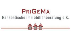 Logo PriGeMa Hanseatische Immobilienberatung e.K. mit rotem und grauem Schriftzug und drei kleinen Häuschen