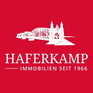 Firmenlogo Haferkamp Immobilien GmbH, roter Untergrund und weiße Schrift unter weißer Brücke