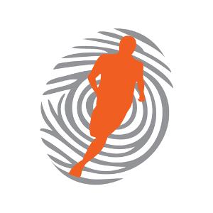 Firmenlogo Unique SportsTime, ein grauer Fingerabdruck und ein orangefarbener Läufer