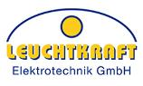 Leuchtkraft Elektrotechnik GmbH Logo, gelbe Schrift mit blauem Schatten und blauer Schrift