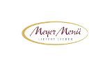 Logo Meyer Menü LIEFERT LECKER, dunkelrote Schrift und ein goldfarbener Kreis darum