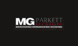 Logo MG Parkett- Design, schwarzer Untergrund und weiß, graue und rote Schrift