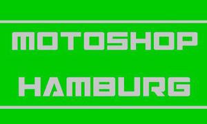 Logo Motoshop Hamburg, grüner Untergrund und graue Schrift