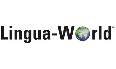 Lingua-World Logo, schwarze Schrift auf weißem Untergrund, das o stellt eine Wletkugel dar
