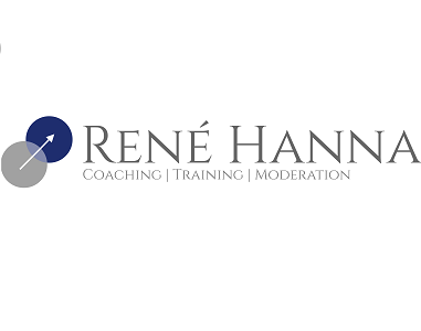 René Hanna Coaching Logo, graue Schrift und ein blauer sowie ein grauer Kreis mit einem weißen Strich verbunden