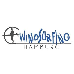 Logo Windsurfing Hamburg GmbH, ein Surfer in grau und die Schrift in blau und grau auf weißem Untergrund