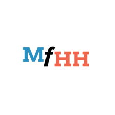 Grafik eines weißen Mundschutzes mit den Buchstaben MfHH darauf, das M ist blau, das f ist schwarz und die H's sind orange