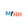 Grafik eines weißen Mundschutzes mit den Buchstaben MfHH darauf, das M ist blau, das f ist schwarz und die H's sind orange