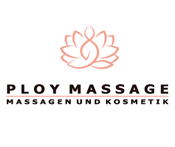 Ploy Massage Logo mit schwarzer Schrift auf weißem Untergund und rotem Icon