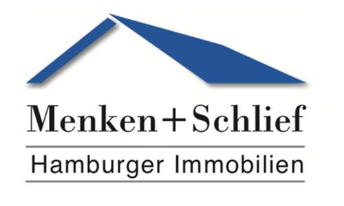Logo Menken + Schlief mit schwarzer Schrift auf weißem Grund und blauem Dach