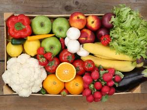 Eine Holzkiste auf einem Holzfußboden gefüllt mit Blumenkohl, Salat, Aubergine, Paprika, Äpfeln, Champignons, Zwiebeln, Nektarinen, Erdbeeren, Bananen, Orangen, Radieschen, Peperoni und Tomaten