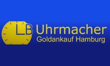 Logo von LB Uhrmacher Hamburg mit blauem Hintergrund, gelben Uhricon und gelbem Schriftzug.
