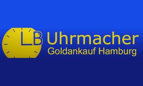 Logo von LB Uhrmacher Hamburg mit blauem Hintergrund, gelben Uhricon und gelbem Schriftzug.