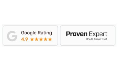 Schwarz/weißes Proven Logo und Google Bewertungen mit 4.9 durchschnittlichen Sternen
