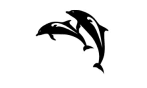 Eine Grafik in schwarz, zwei Delfine