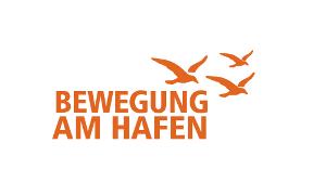 Bewegung am Hafen Logo, orange Schrift und drei Vögel