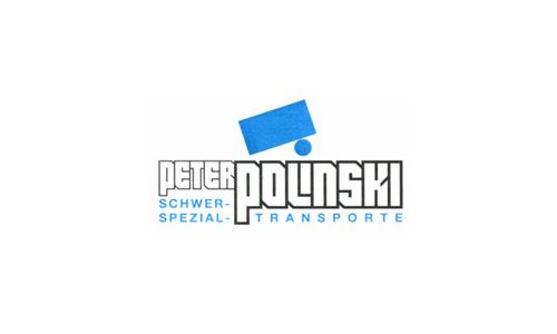 Peter Polinski GmbH Logo, weiße Schrift mit schwarzer Umrandung und blaue Schrift auf weißem Untergrund