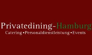Privatedining-Hamburg Logo, weiße und grüne Schrift auf rotem Untergrund