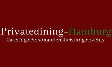 Privatedining-Hamburg Logo, weiße und grüne Schrift auf rotem Untergrund