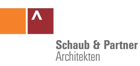 Schaub & Partner Architekten Logo, orange- und rotes Quadrat, darunter graue Schrift auf weißem Untergrund