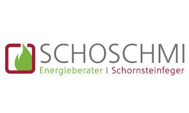 Schornsteinfeger Rüdiger Schmidt Logo, graue, grüne und rote Schrift auf weißem Untergrund