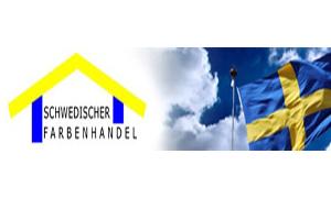 Schwedischer Farbenhandel Logo, blaue Seitenwände, ein gelbes Dach und darunter in schwarzer Schrift Schwedischer Farbenhandel